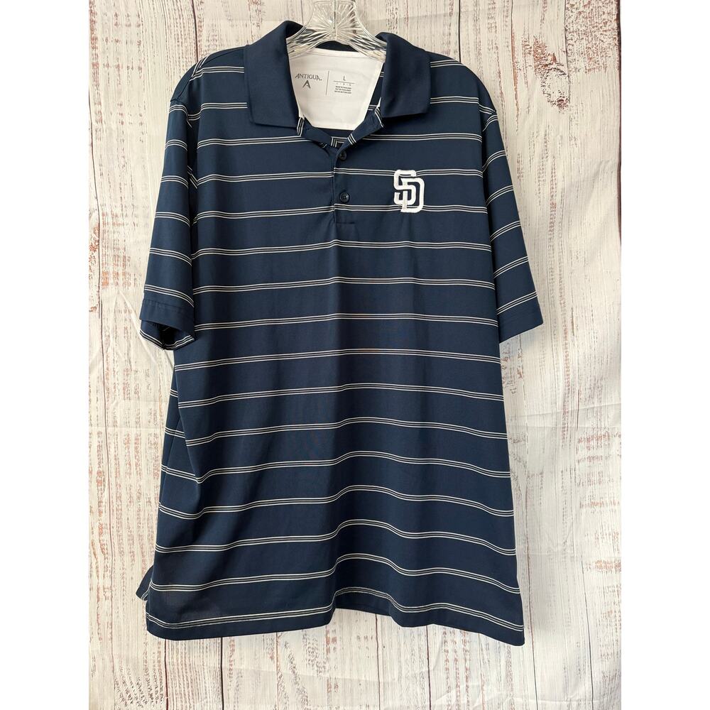 Antigua San Diego Padres Striped Polo Shirt Men’s Large Navy SD Logo Golf Shirt